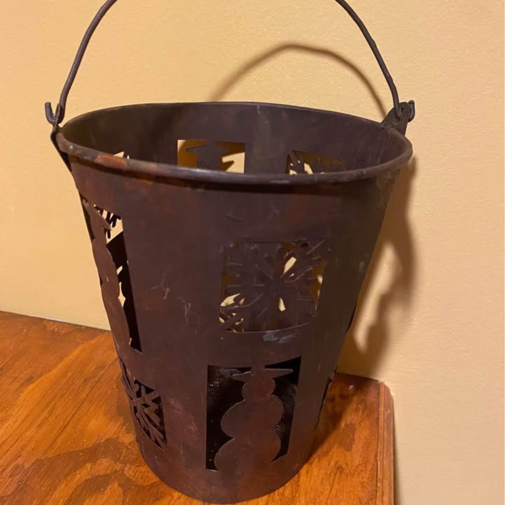 6” Rustic Metal Snoman Bucket Candle Holder